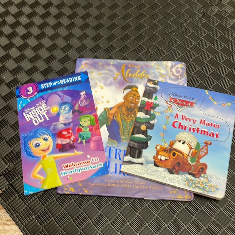 Disney Aladdin hardback, Cars hardback Christmas book, Inside out paperback